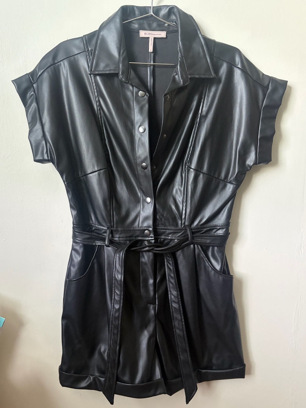 BCBGeneration Black Faux Leather Short Sleeve Romper with Belt